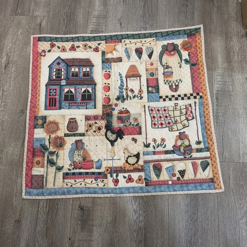 Vintage Country Folk Art Bear Quilt Wall Hanging Hand Quilted Signed 24x27